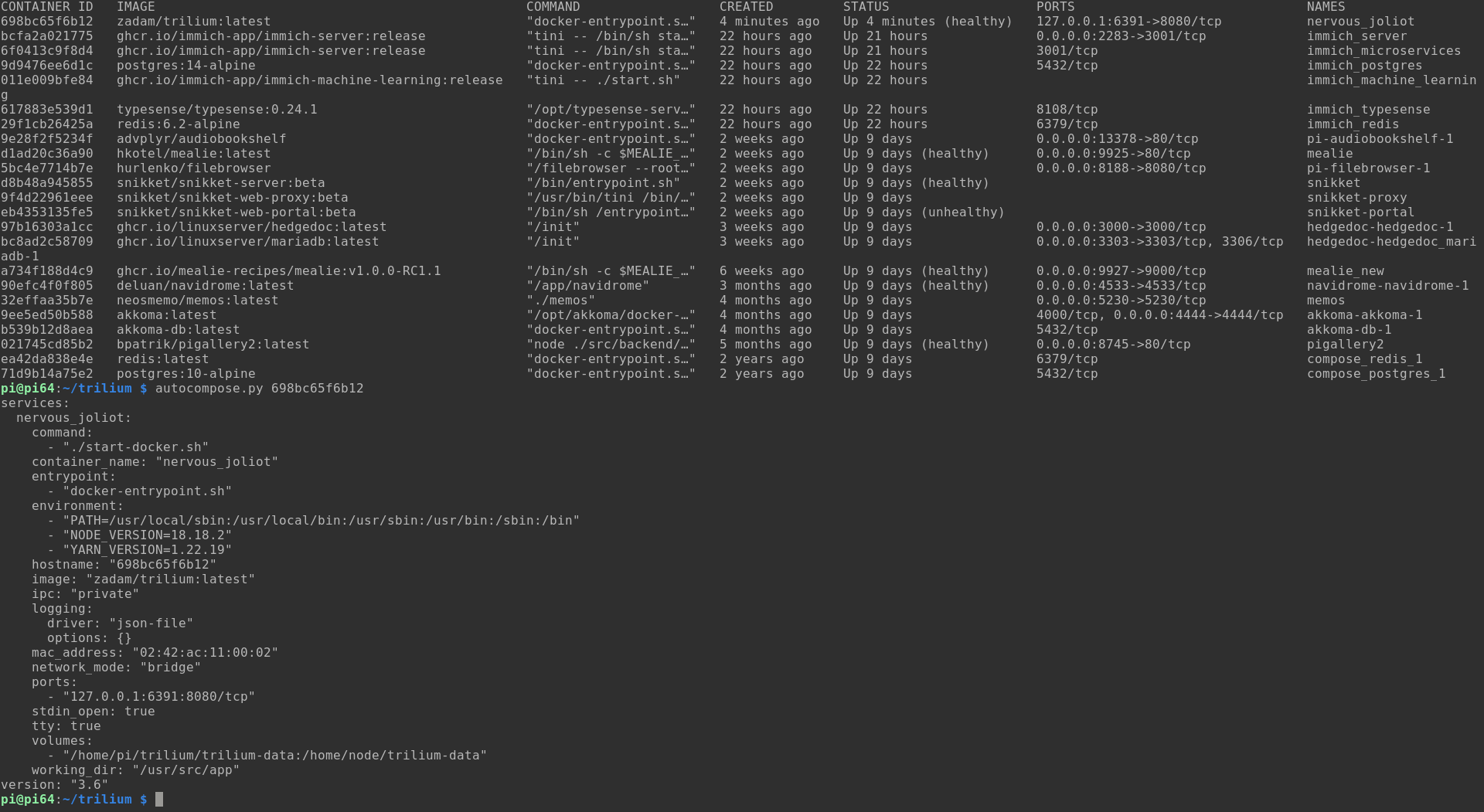 Output of the commands docker ps and autocompose.py 698bc65f6b12