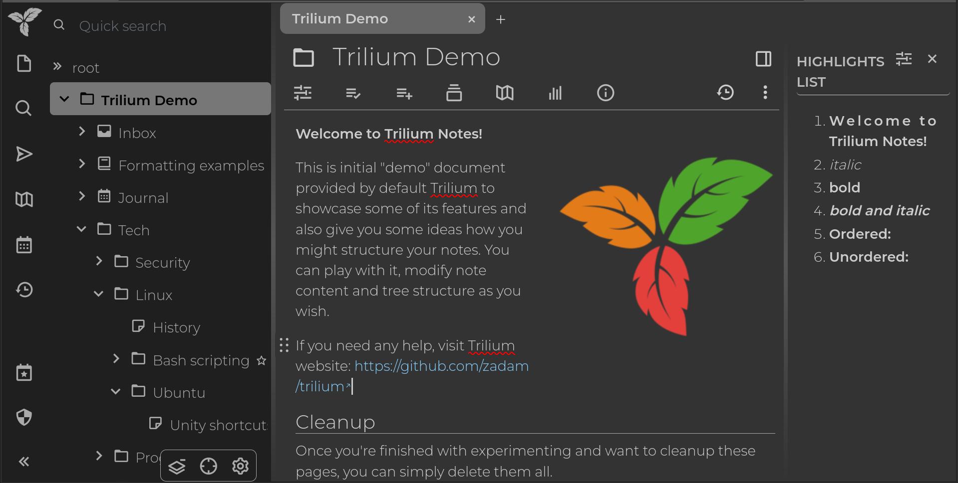 trilum note taking app in the browser