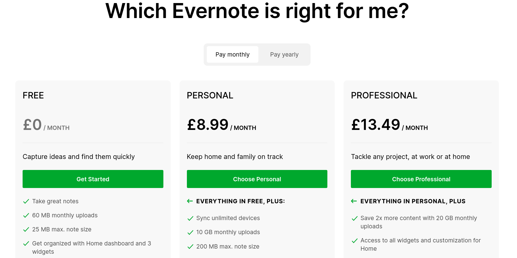 Evernote plans ranging from free to 13.49 per month