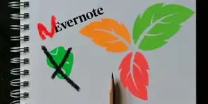 A notebook with a crossed out Evernote elephant logo and the word nevernote next to a large three-leaf trilium logo. There is a pencil in the middle
