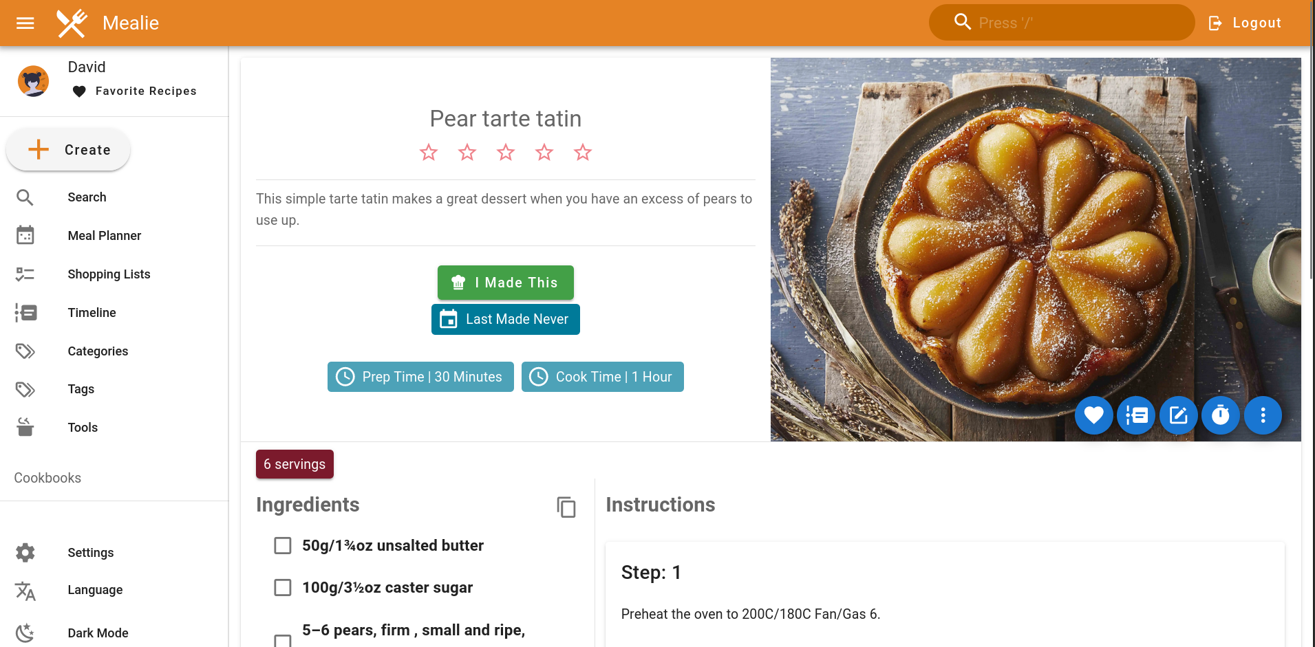Mealie web interface showing a recipe for tarte tatin