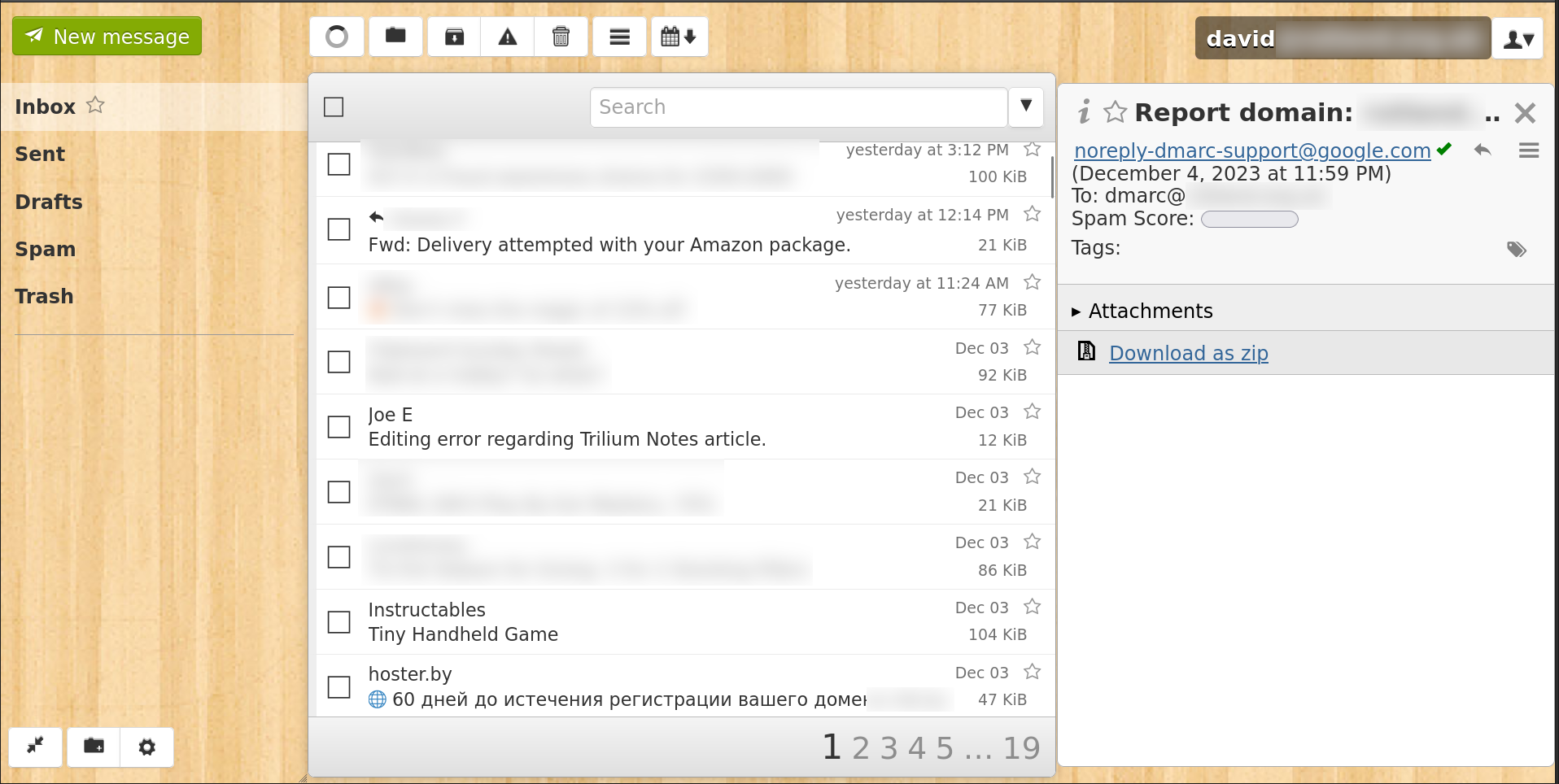 An email inbox with a snazzy wood-effect background