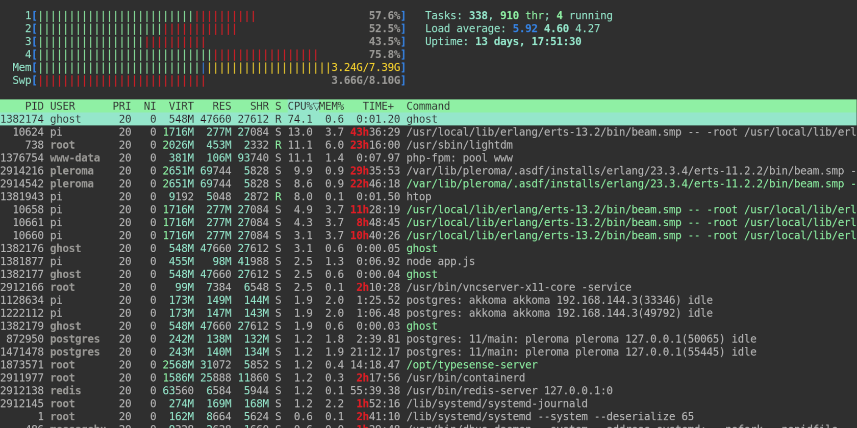 Htop system monitor showing a chart and ist of processes