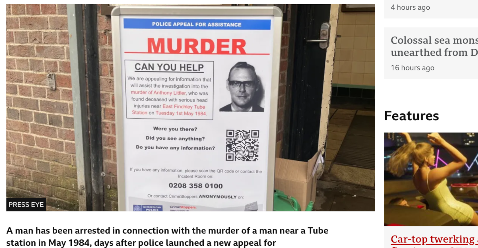 Screenshot of a BBC story. The image is of a police appeal for witnesses and prominently features a qr code