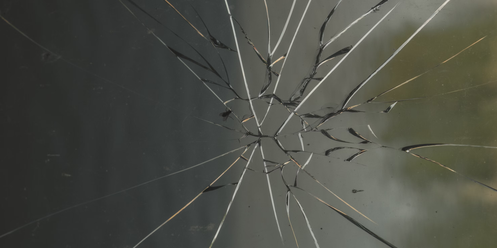 A pane of glass smashed as if hit by a single stone