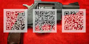 Three QR codes semi-transparent against a short-nosed revolver on a red background