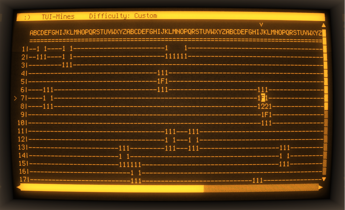 tui-minesweeper in cool-retro-term with orange text on a dark brown background