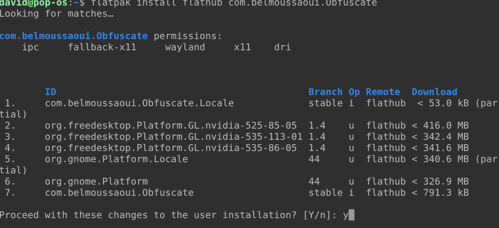 Linux terminal showing a monster download to install the Obfuscate flatpak