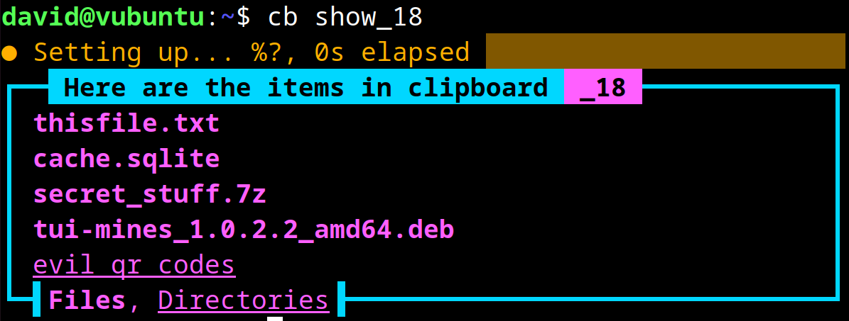 output of cb show command - showing a variety of files on the clipboard