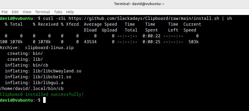 terminal output after running the clipboard project install script 