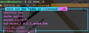 Linux terminal showing The Clipboard Project overlaid with a semi-transparent image of an actual clipboard on a desk