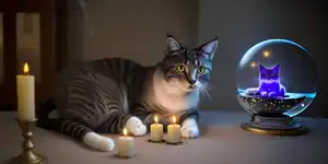 A grey and black striped cat looking at a luminous purple cat inside a crystal ball. The cat is surrounded by candles.