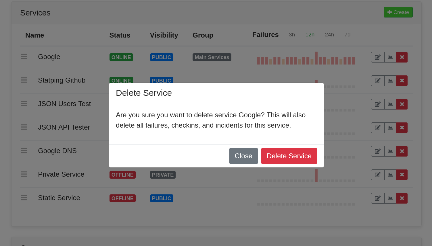 Statping showing a dialog box asking if we want to delete the Google service