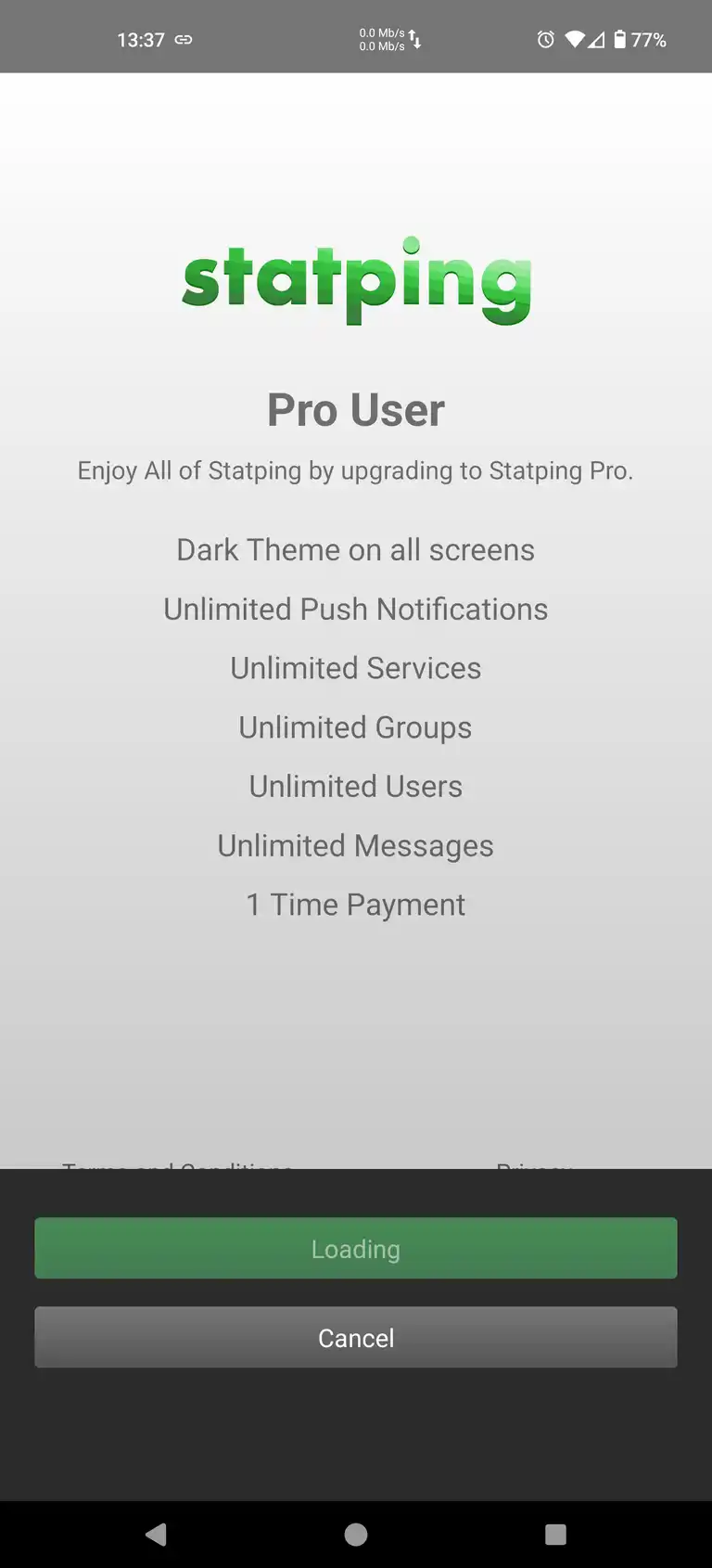 showinStatping android app showing benefits of pro version