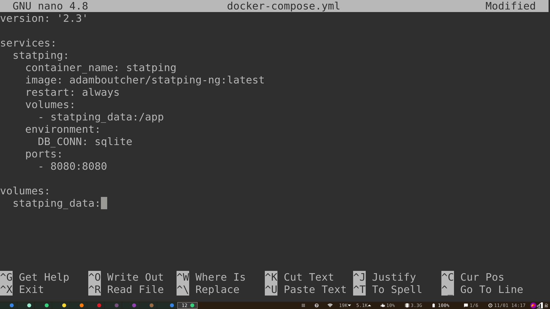 Docker compose file for statping-ng open in nano text editor