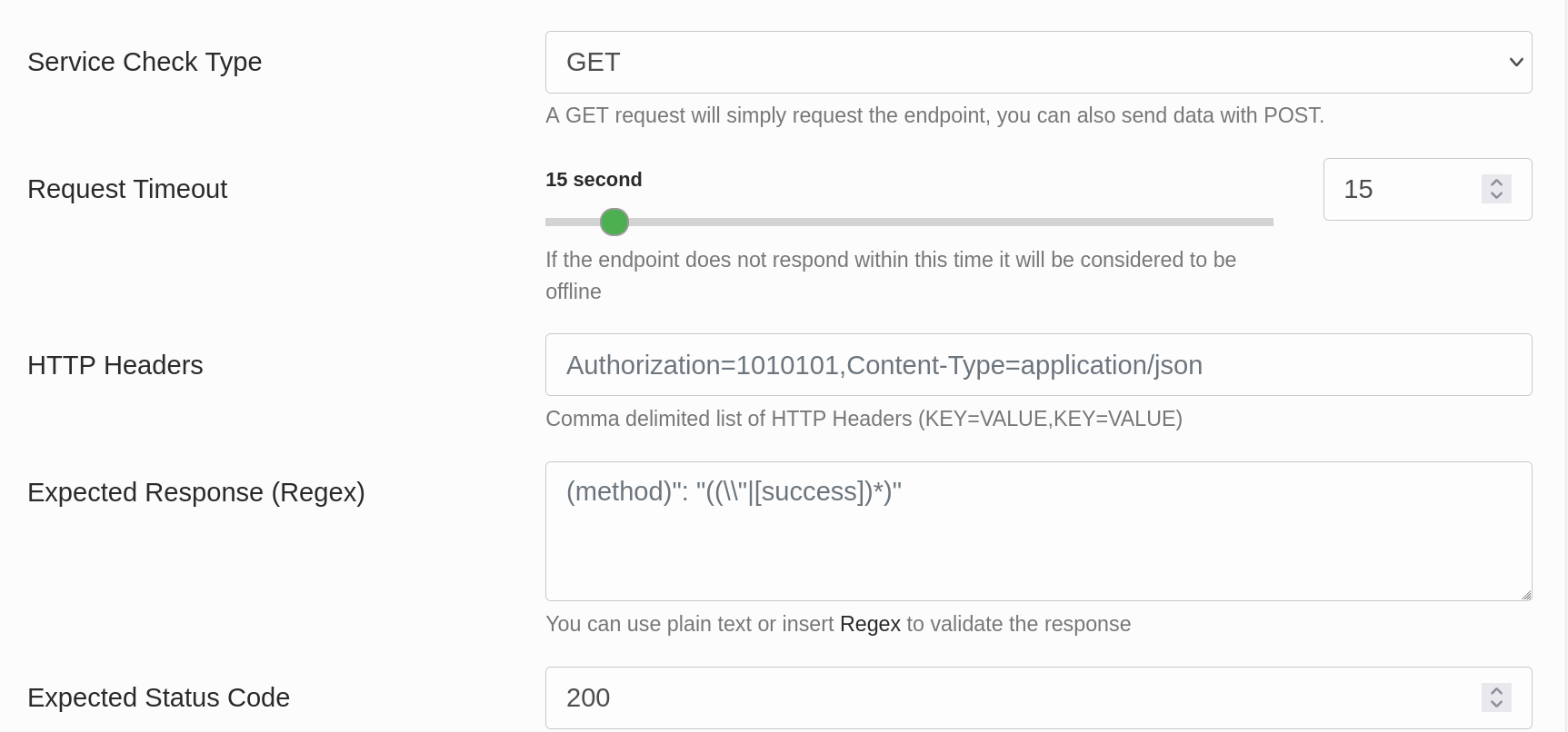 Some of the options available when adding a statping service