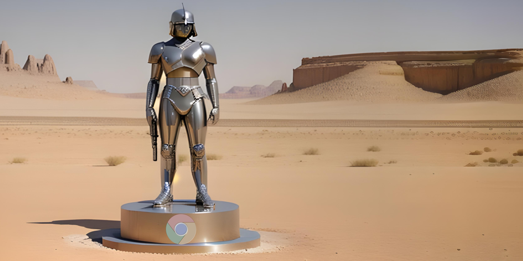 A Chrome statue with a gun and the Google Chrome emblem embossed on the base. Standing in a desert