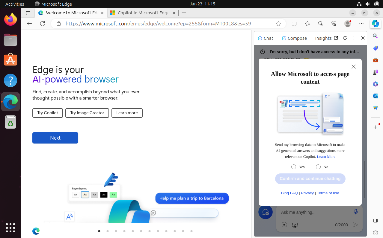 The screen is split vertically - the left pane proclaims Edge to be your AI powered browser. The right insists you allow microsoft access to page content and send browsing data to microsoft in order to continue