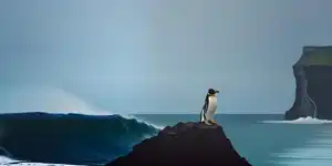 Penguin standing on the edge of a cliff- a wave is rolling in.