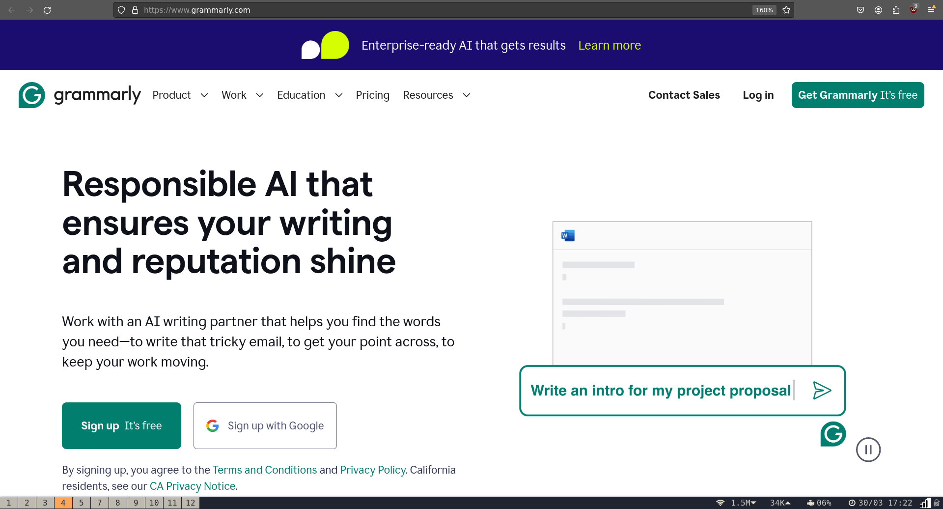 Screenshot of the grammarly homepage