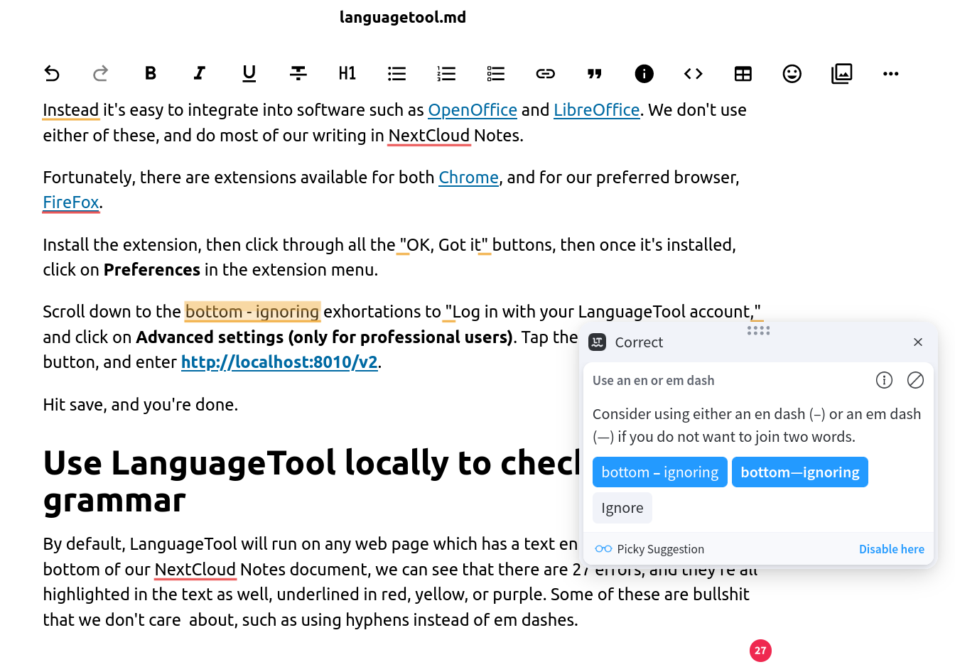 Self-hosted LanguageTool extension running in NextCloud notes
