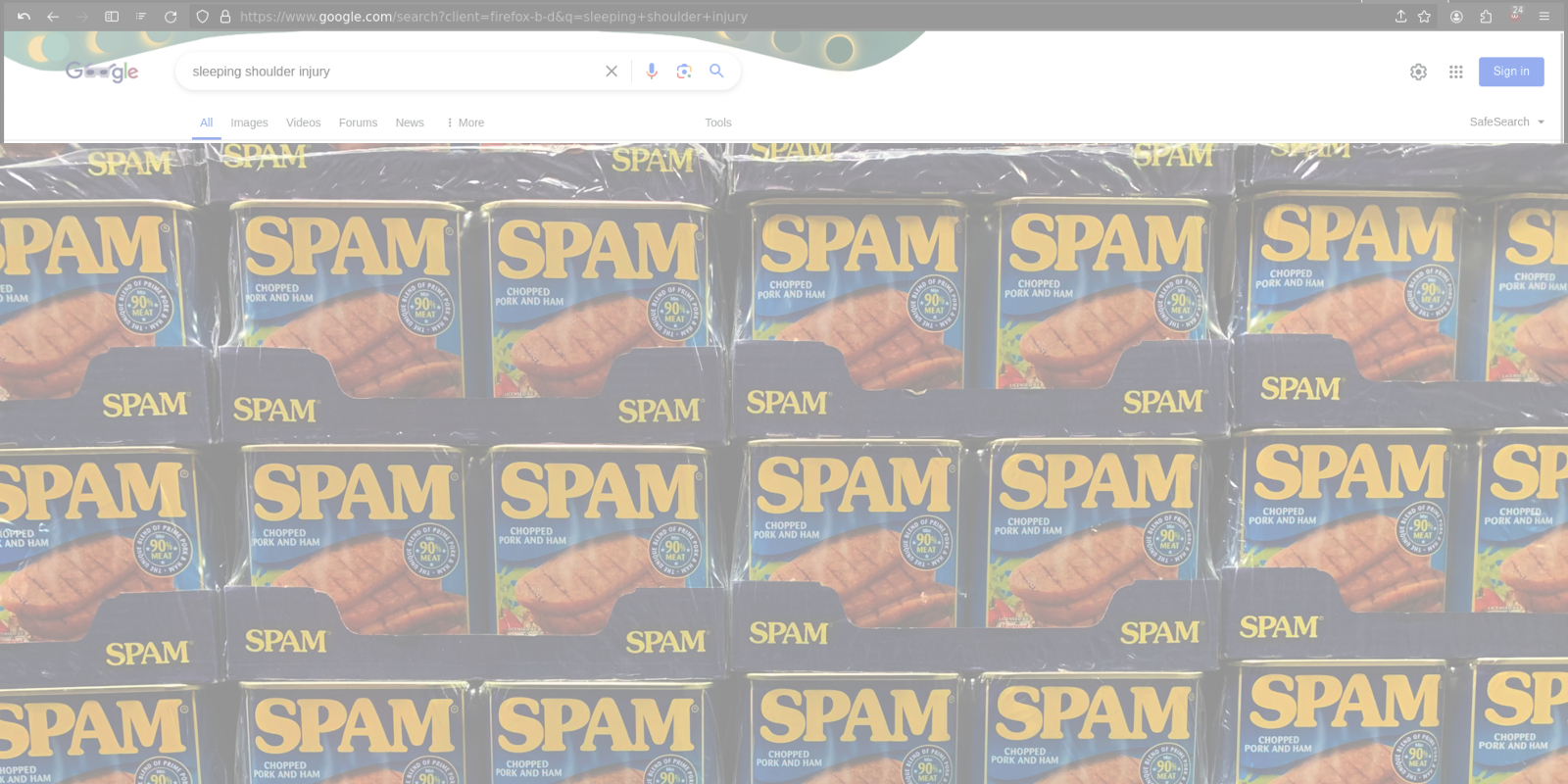 Google search results overlaid by a wall of spam cans