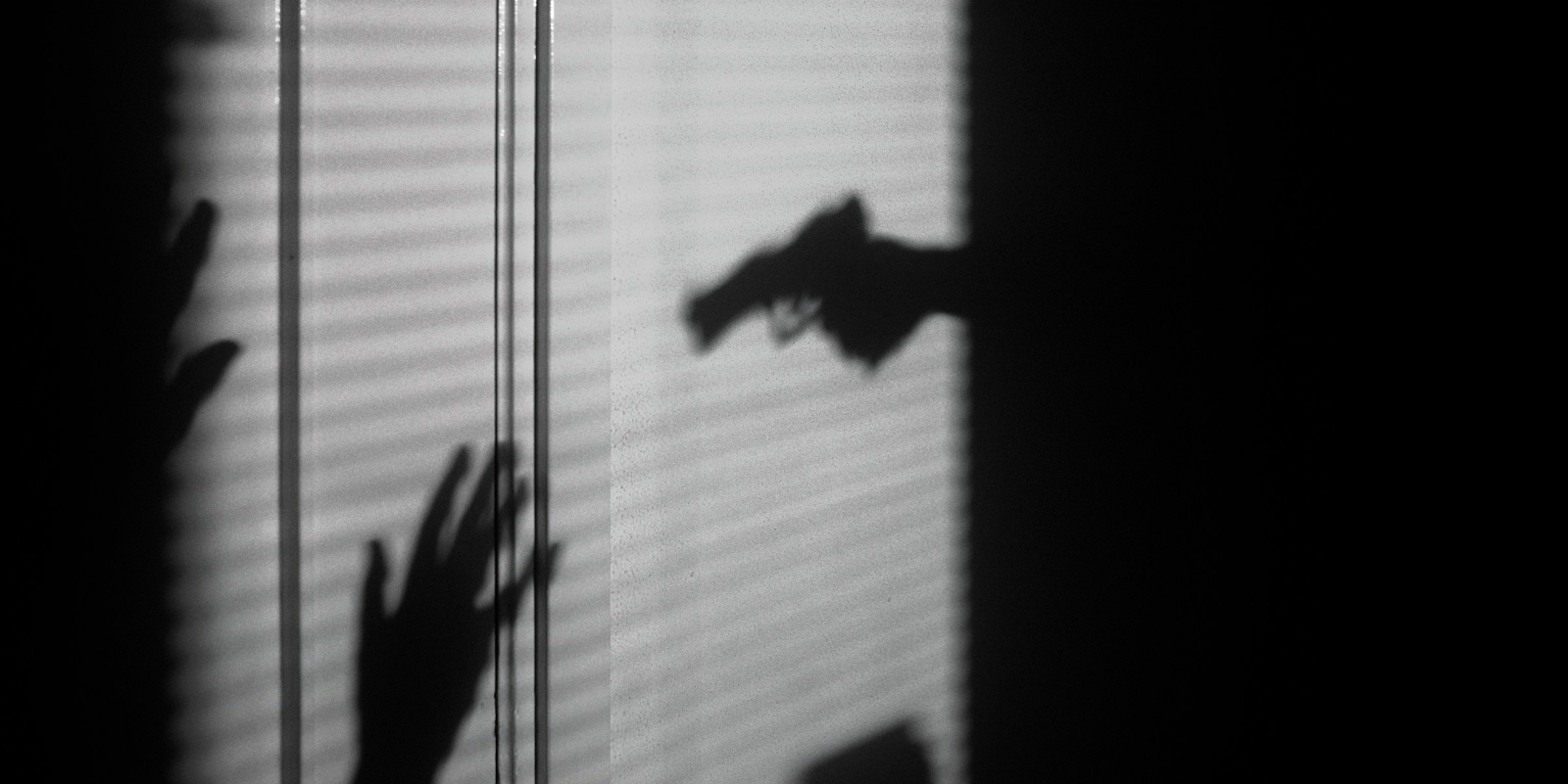 Shadows cast on a cupboard door of a gunpoint robbery