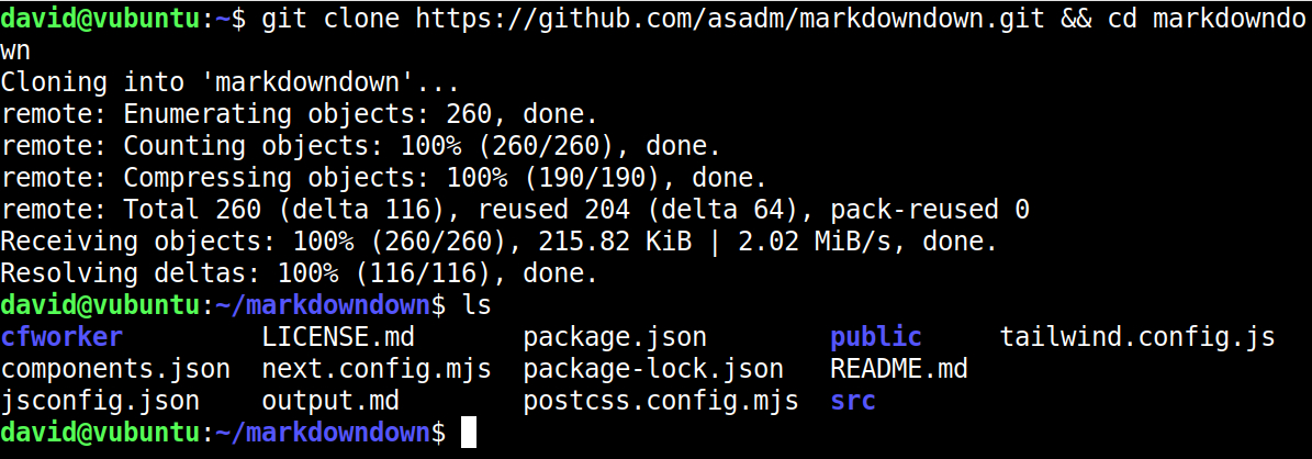 linux terminal showing commands and output from cloning markdowndown github repository