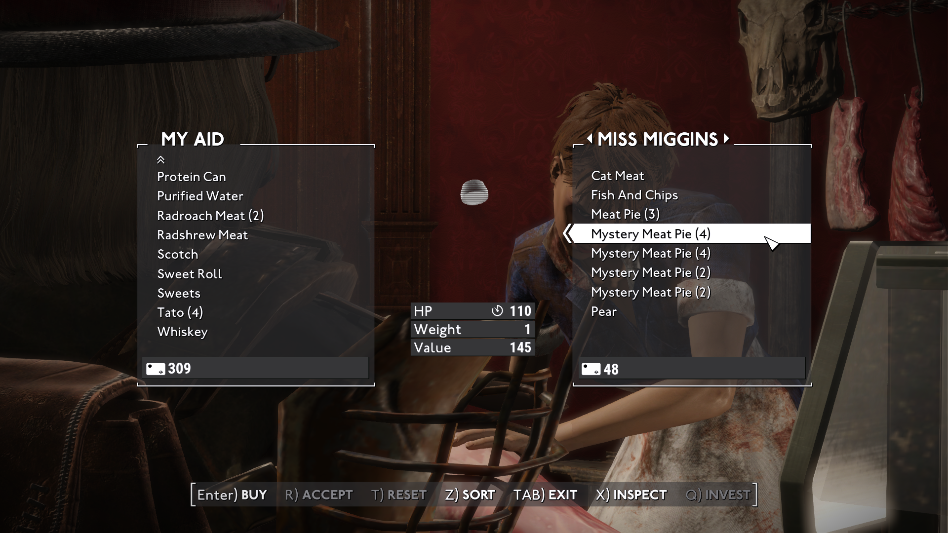 Fallout menu showing a variety of pies in the inventory of Miss Miggins 