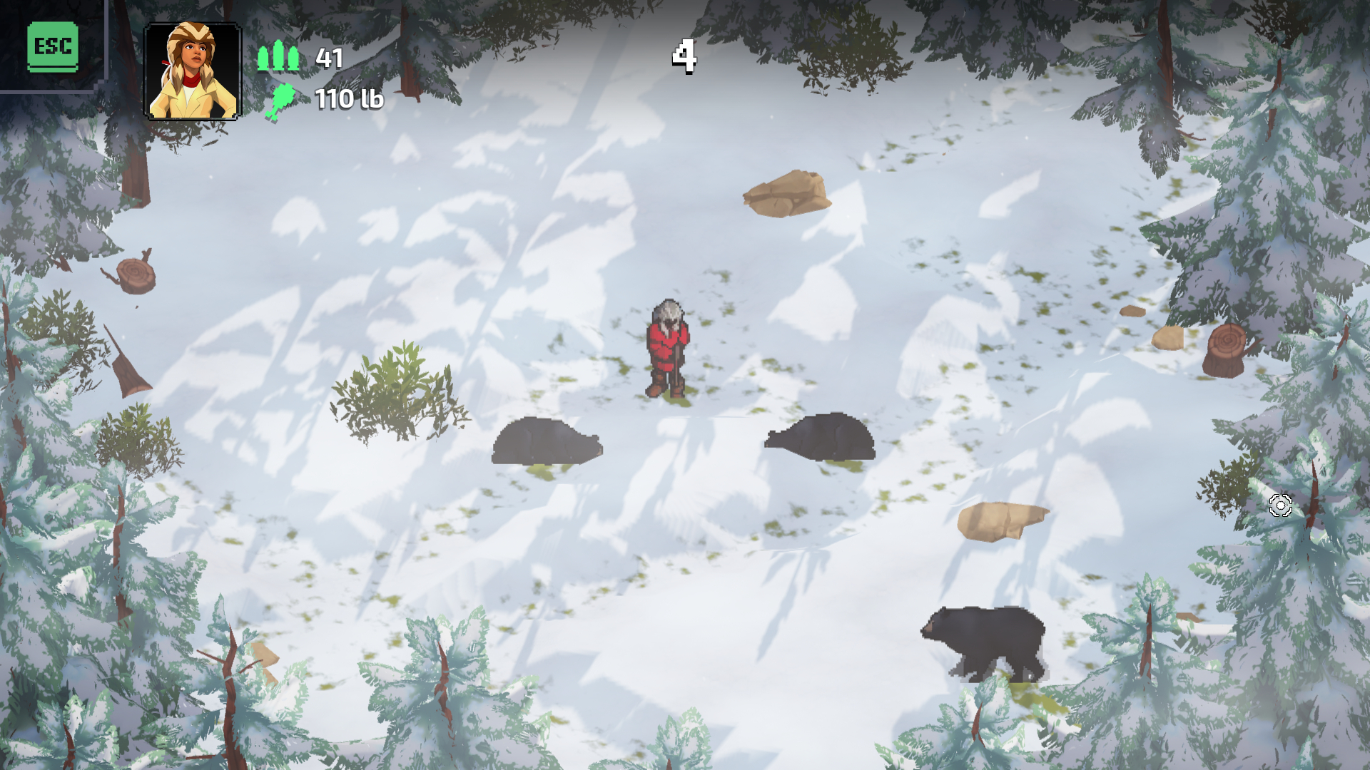 A lone hunter standing in a snowy clearing with a rifle in her hands. There are two dead bears and a live bear escaping