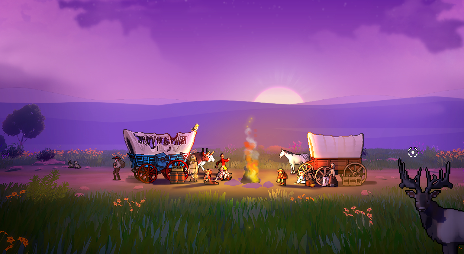 Two wagons around a campfire against a purple sky